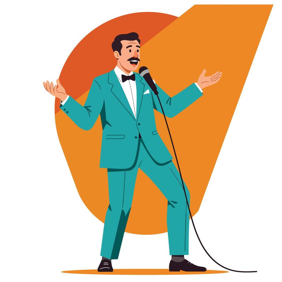 Singing man in formal attire with microphone in flat illustration vector