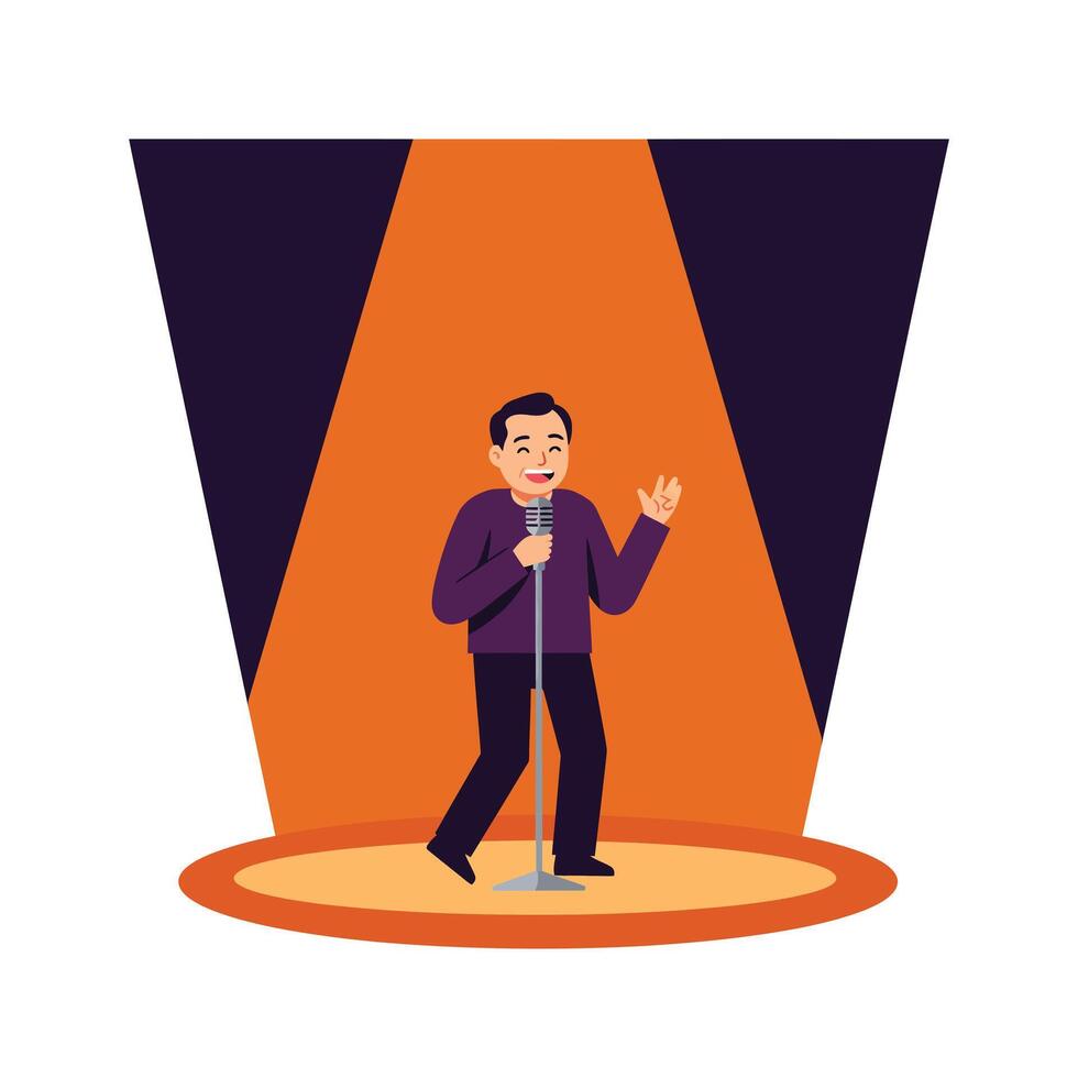 stand up comedian performing under colorful spotlight in flat art illustration vector