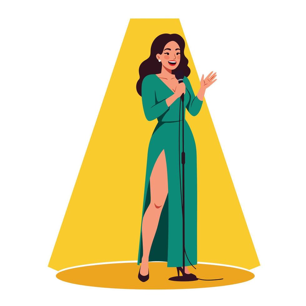 Woman singing on stage with microphone in flat illustration vector