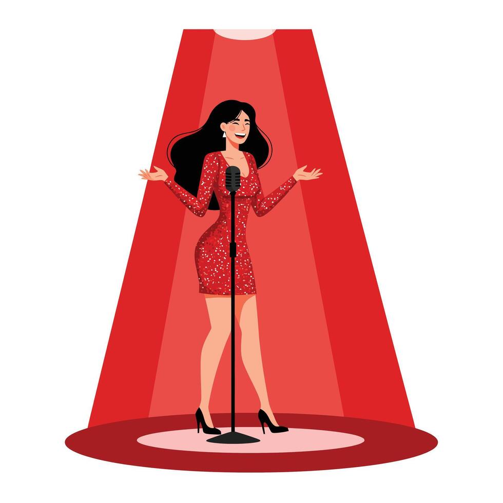 Singer performing on stage in glamorous red dress with spotlight in flat art vector
