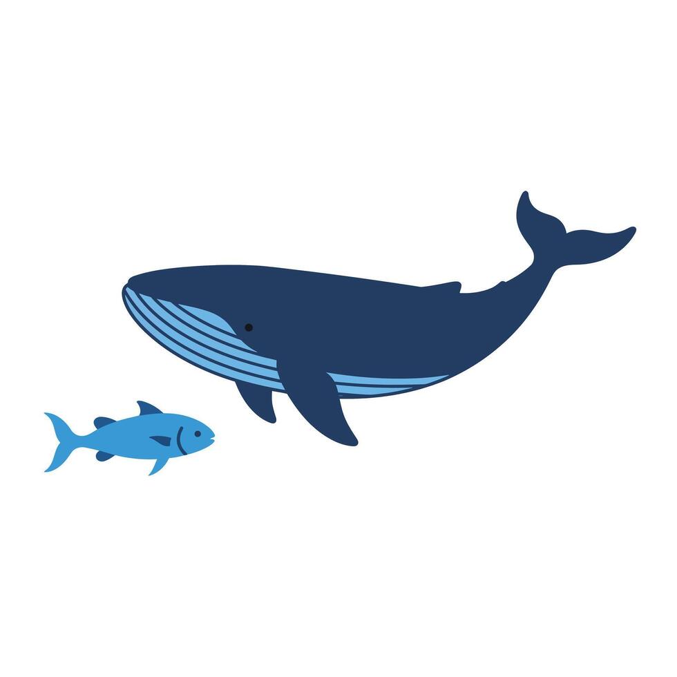 Blue whale swimming alongside small fish in flat illustration vector