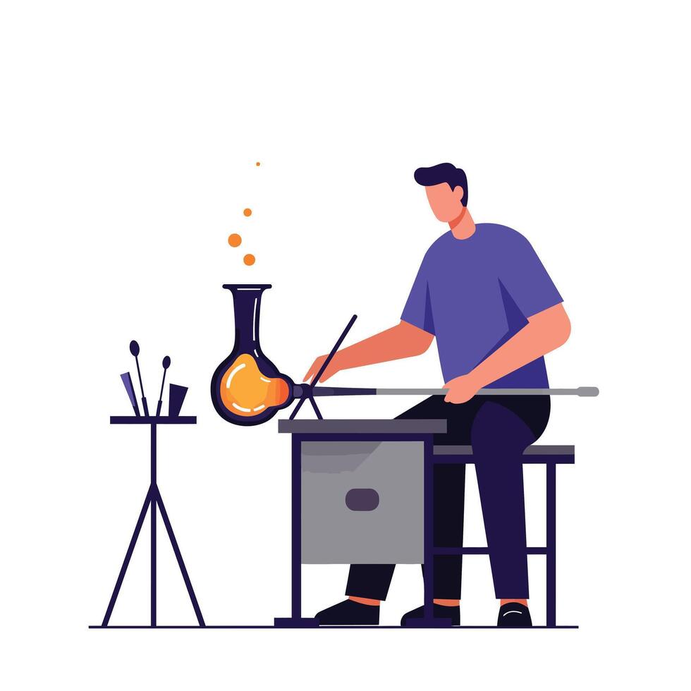 Glassblower shaping molten glass in a flat, minimal art style vector