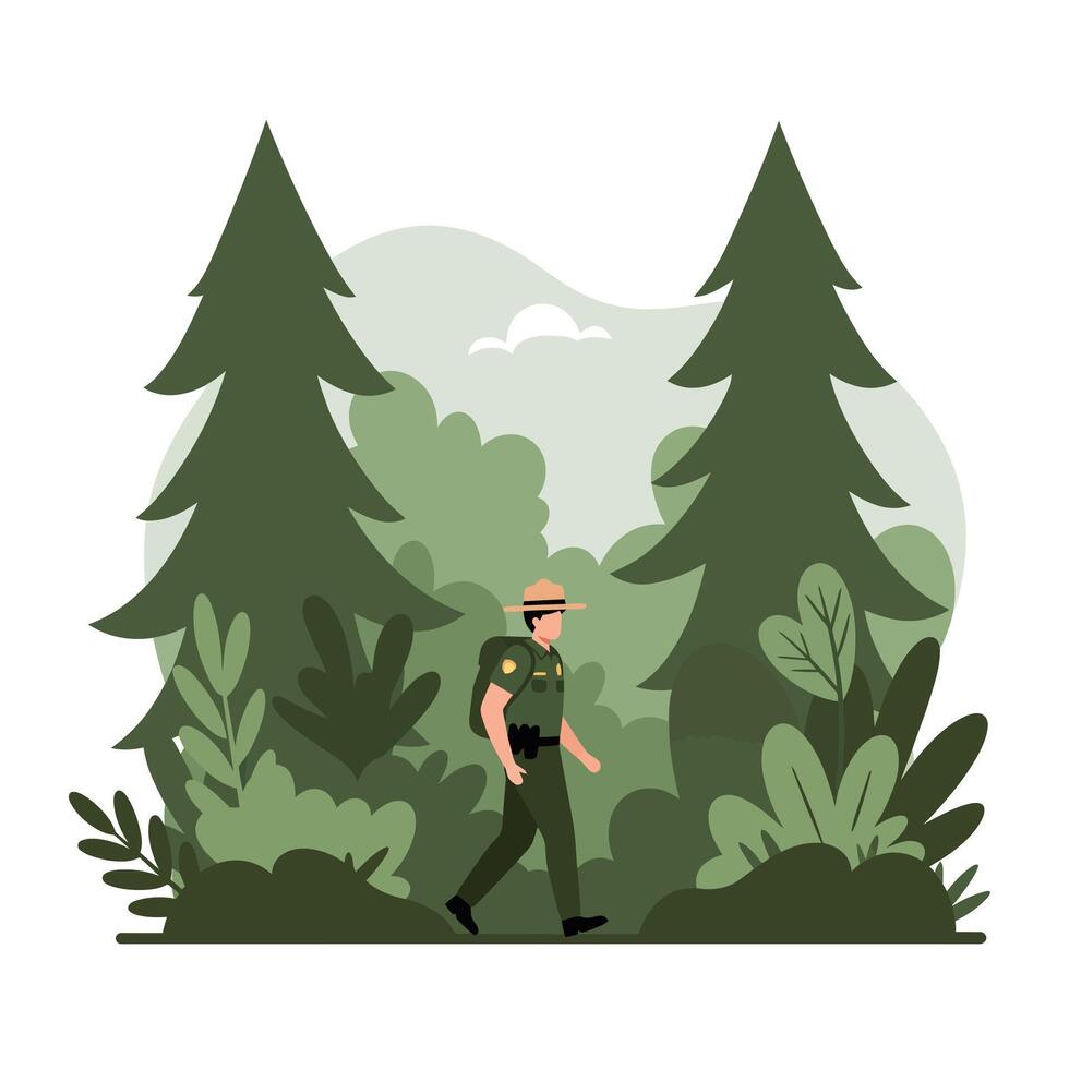 Forest ranger walking through lush green trees in flat illustration vector