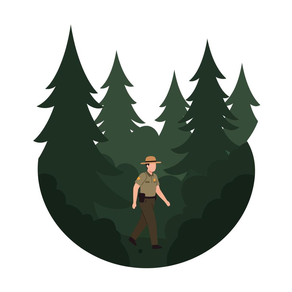 Forest ranger walking through tall evergreen trees in flat art vector