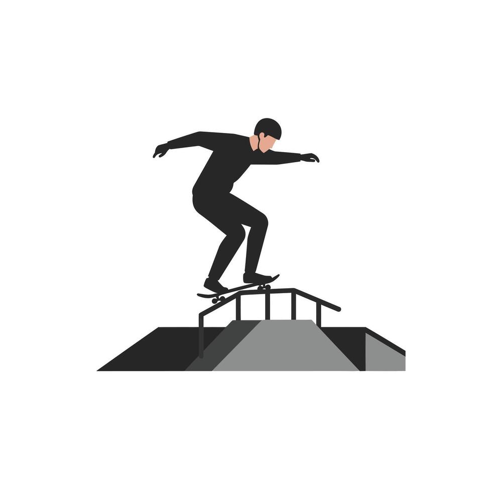 Skateboarder performing a trick over a rail in a minimal flat illustration vector
