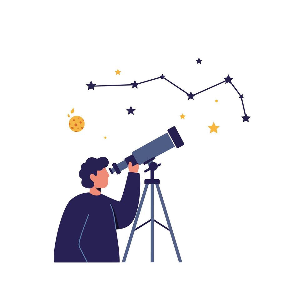 Person observing stars with telescope in flat design art vector