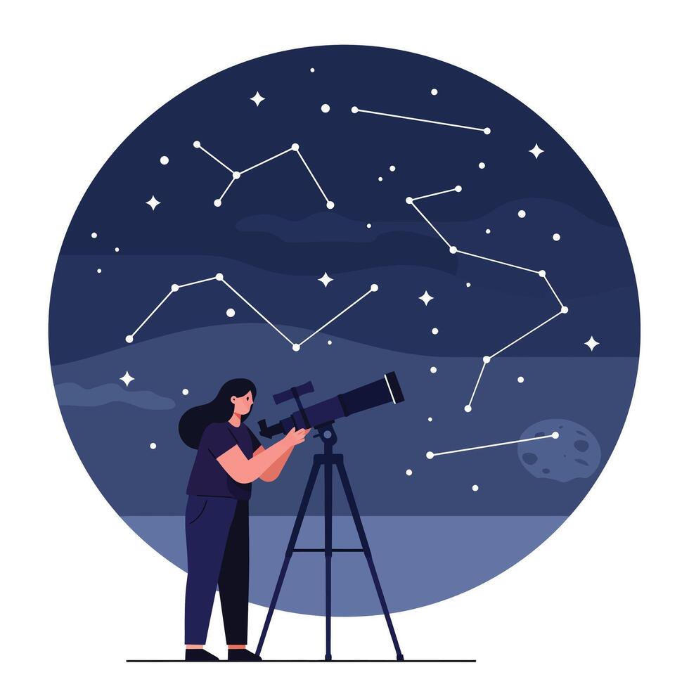 Woman observing stars with telescope in minimal flat design art vector