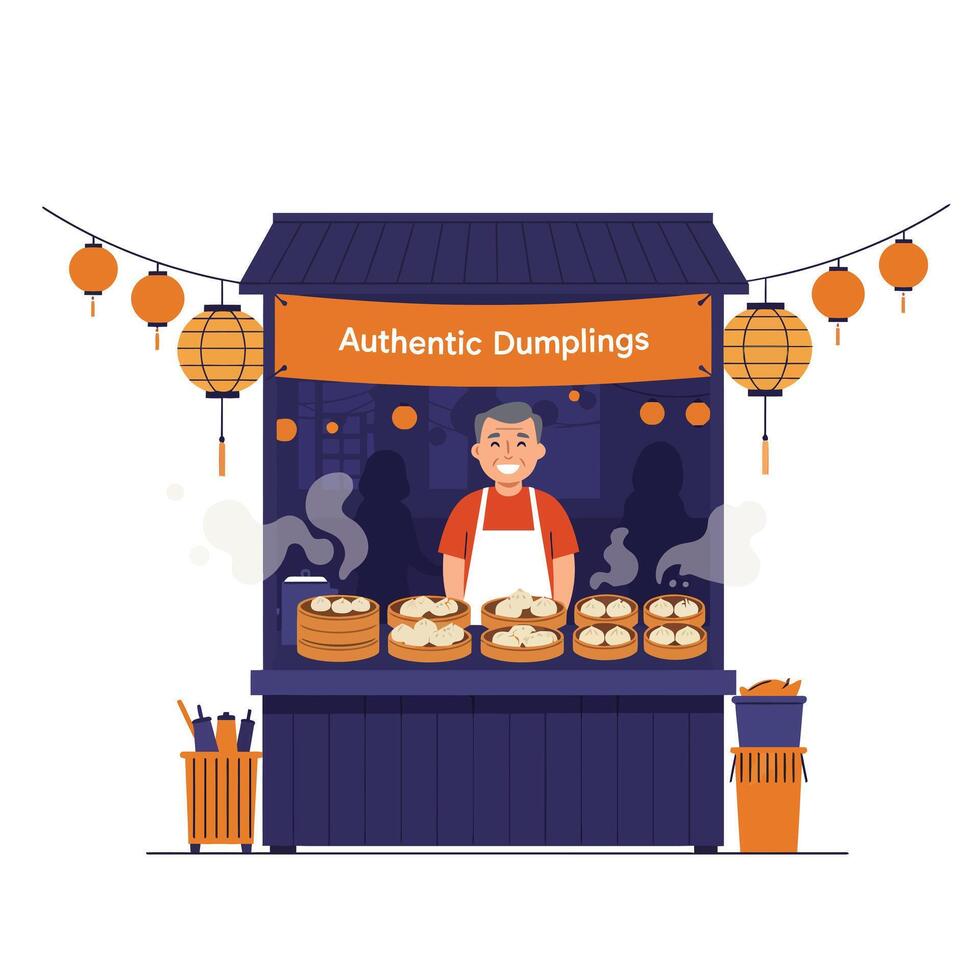 Dumpling vendor at market stall in flat art style with colorful decorations and steam elements illustration vector