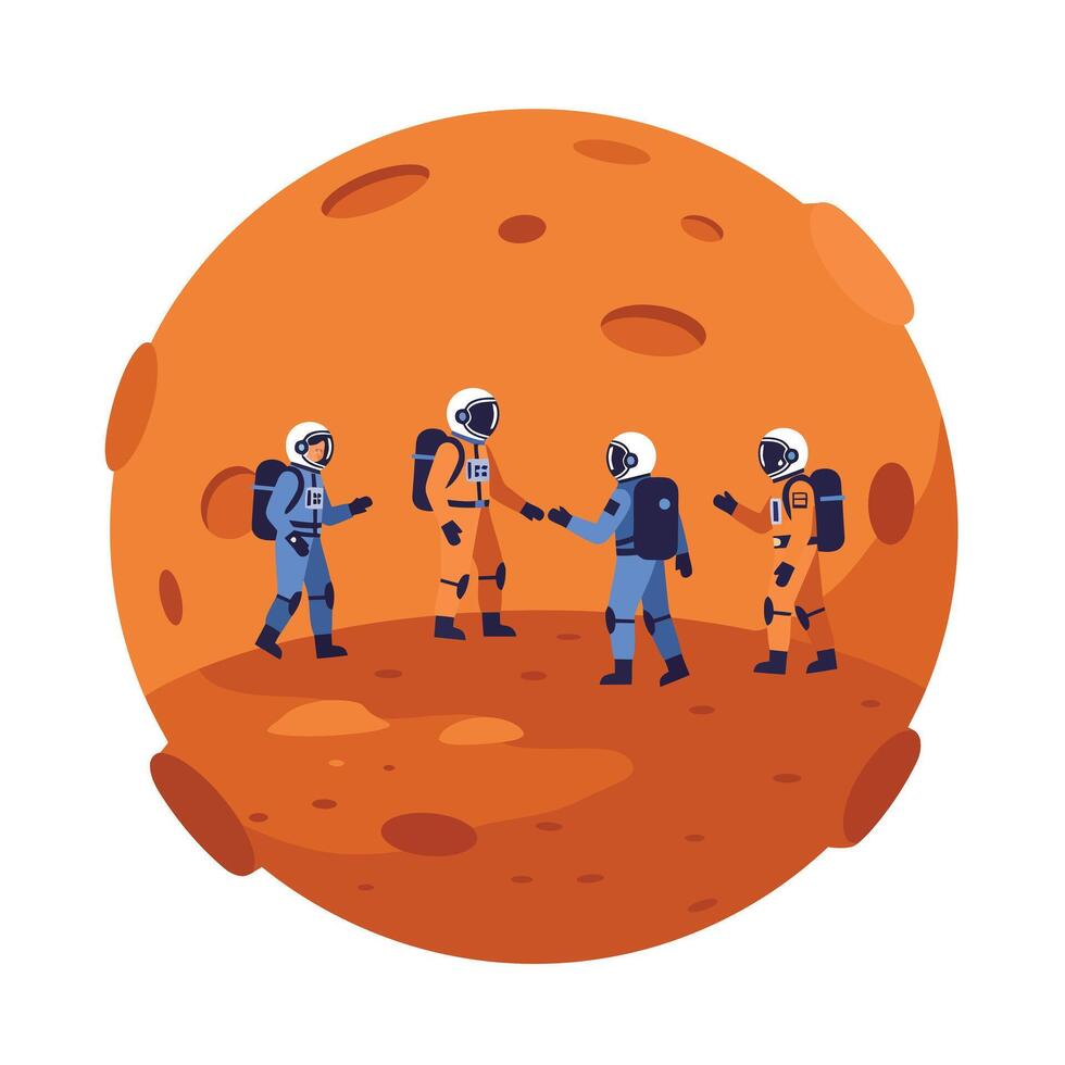 Astronauts shaking hands on Mars in flat minimal illustration vector
