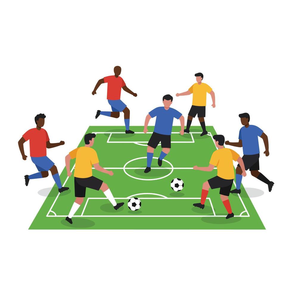 Soccer players competing on a field in a flat minimal illustration vector