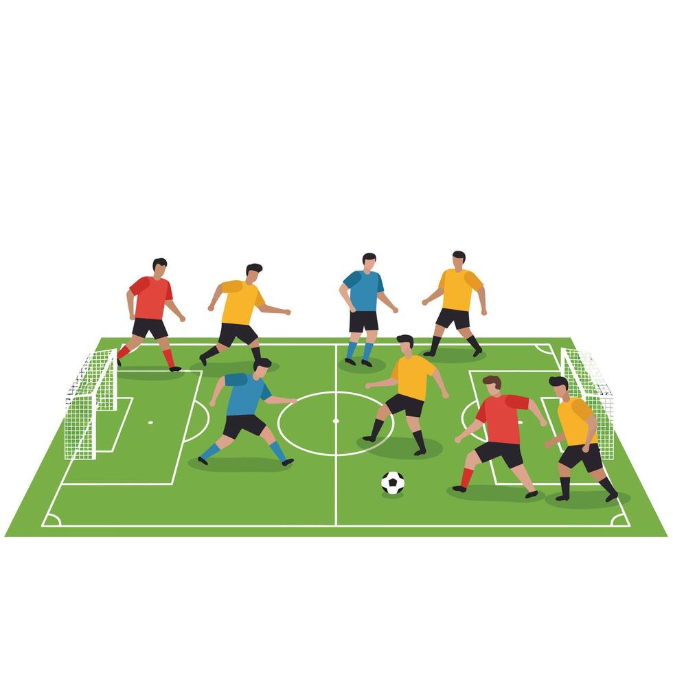 Soccer players engaging in dynamic gameplay on a green field flat illustration vector