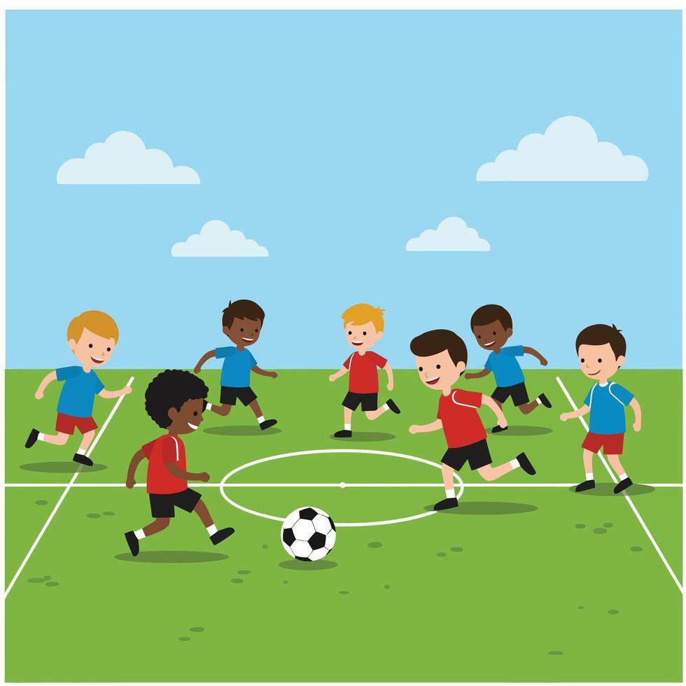 Children playing soccer in a colorful flat design illustration vector