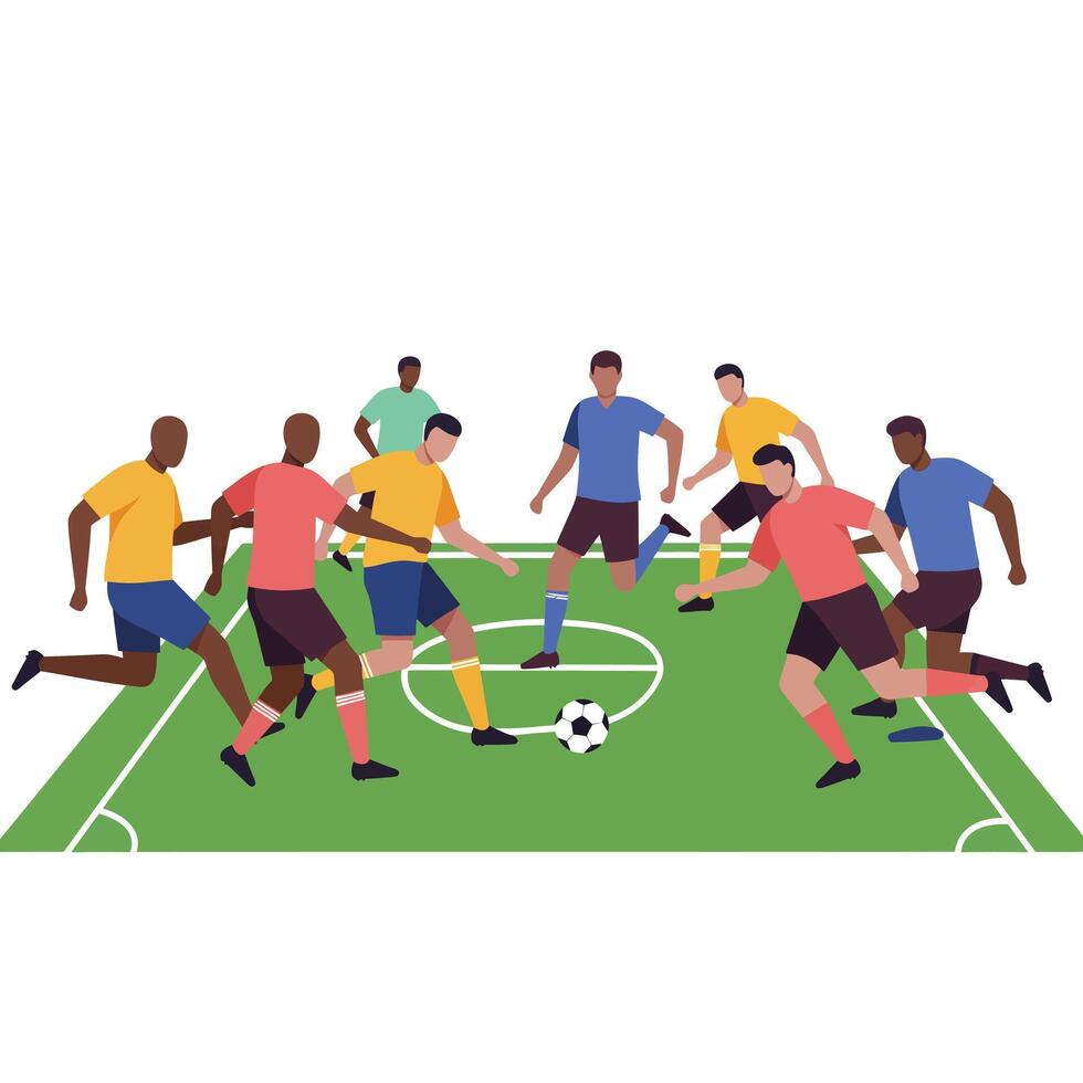 Dynamic soccer players in action on field with flat design art vector