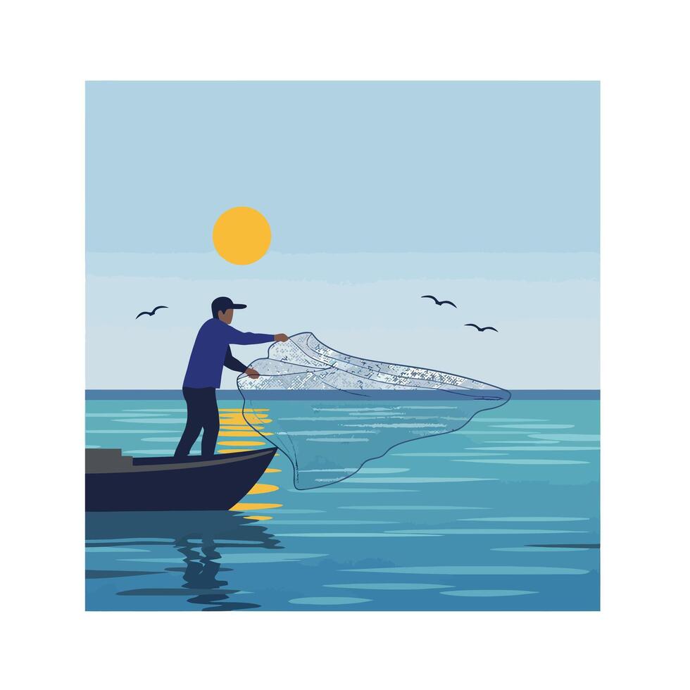 Fisherman casting net at sunrise in flat art style vector