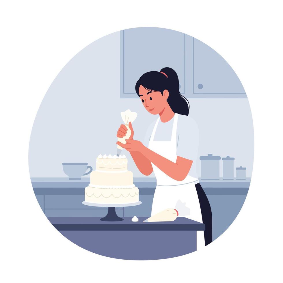 Woman decorating a cake with icing in flat style illustration vector