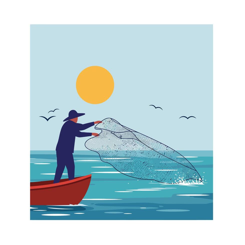Fisherman casting net at sunset in flat style art vector