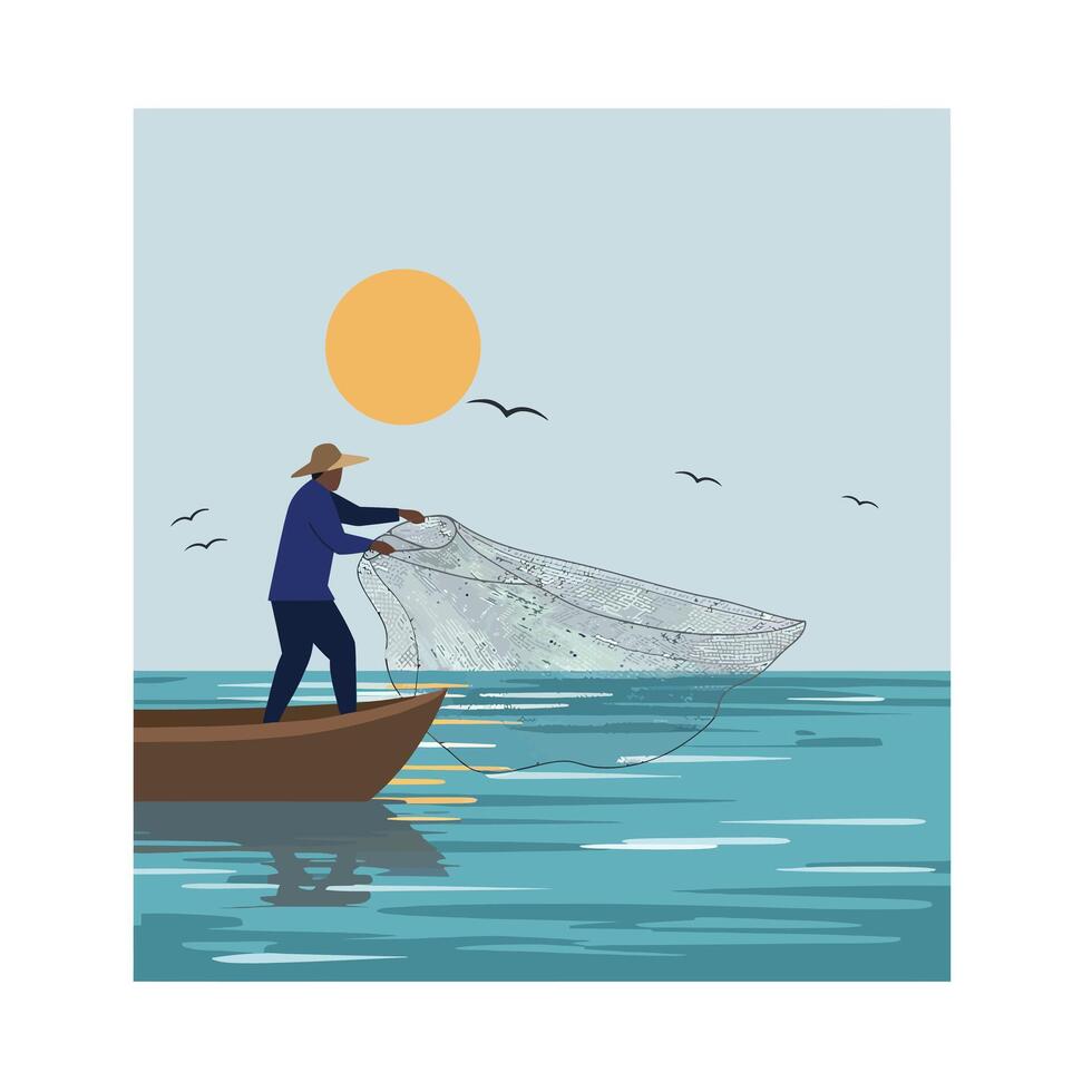 Fisherman casting net on calm water in minimal flat art vector