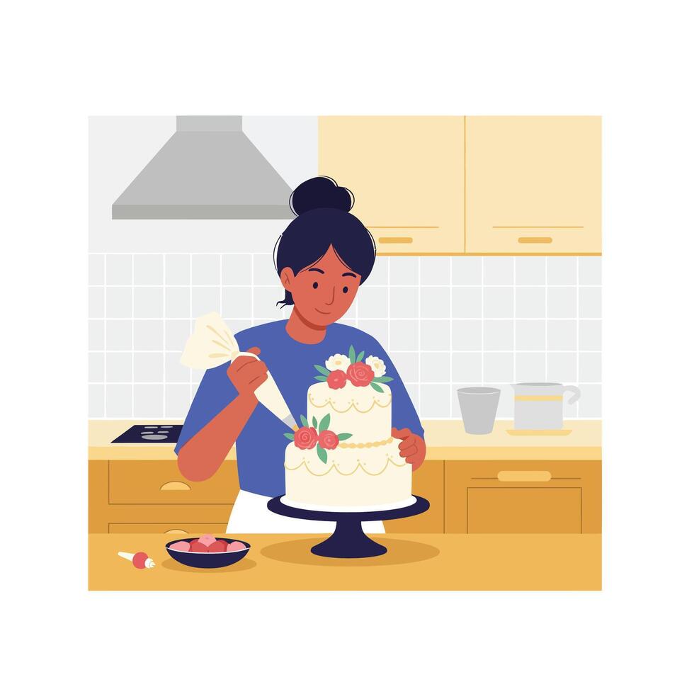 Woman decorating a cake with frosting in a flat illustration vector