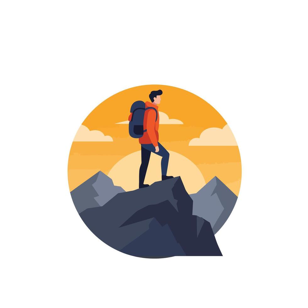 Hiker standing triumphantly on mountain peak in minimal flat art vector
