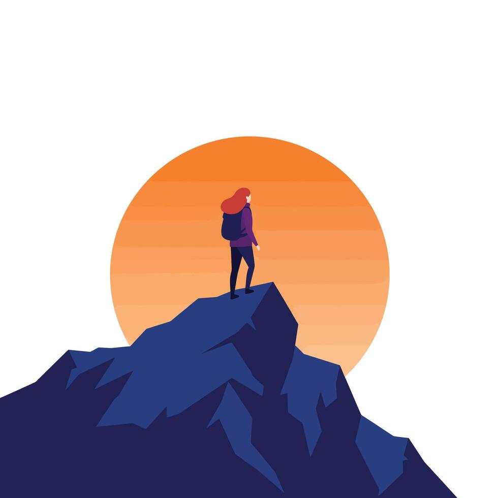 Hiker standing on a mountain peak with sunset backdrop in flat art vector