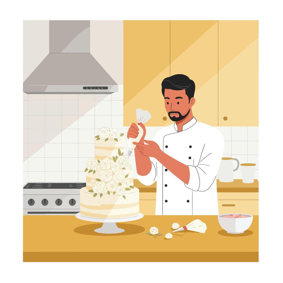 Professional baker decorating a cake with flowers in minimal art vector