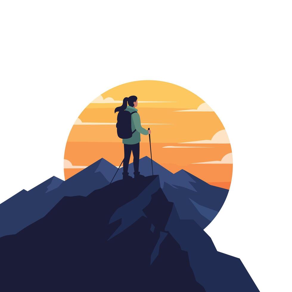 Hiker standing on mountain peak during sunset in flat art vector