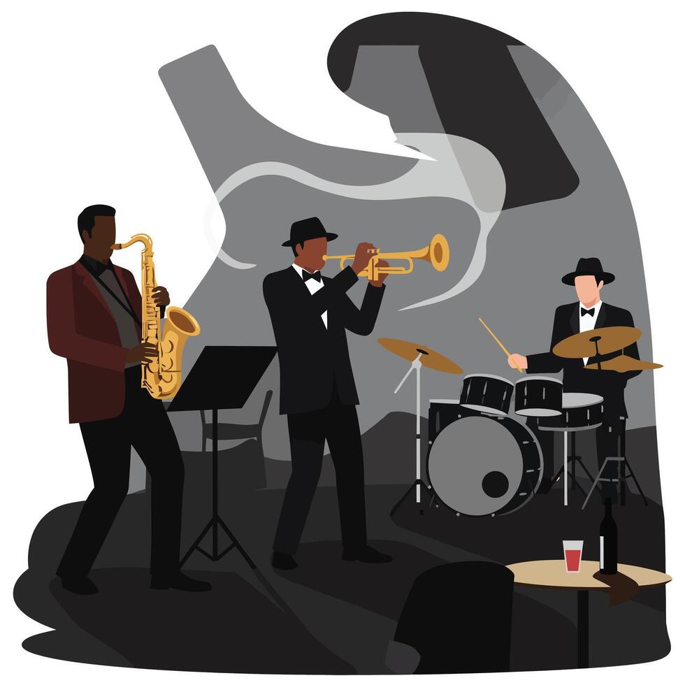 Jazz band performing lively music in flat illustration style with instruments and musicians vector