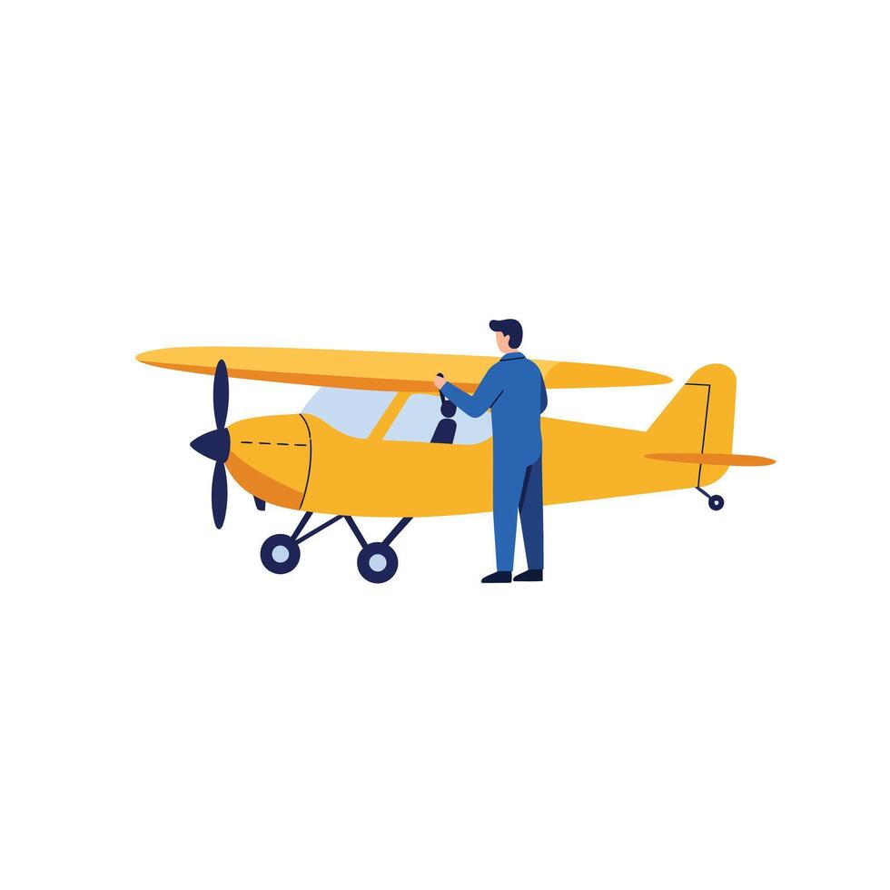Airplane maintenance technician working on yellow aircraft in flat art vector