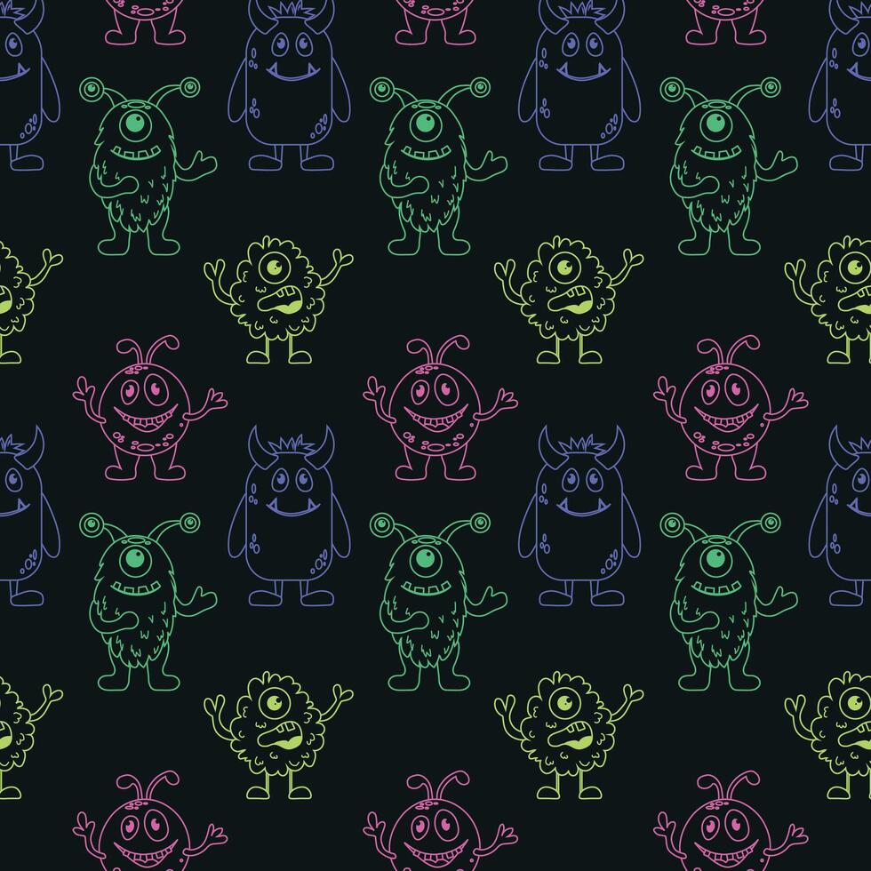Seamless pattern for kids with cute colorful monsters. Doodle aliens. Can be used for children's textile, wrapping paper, vector