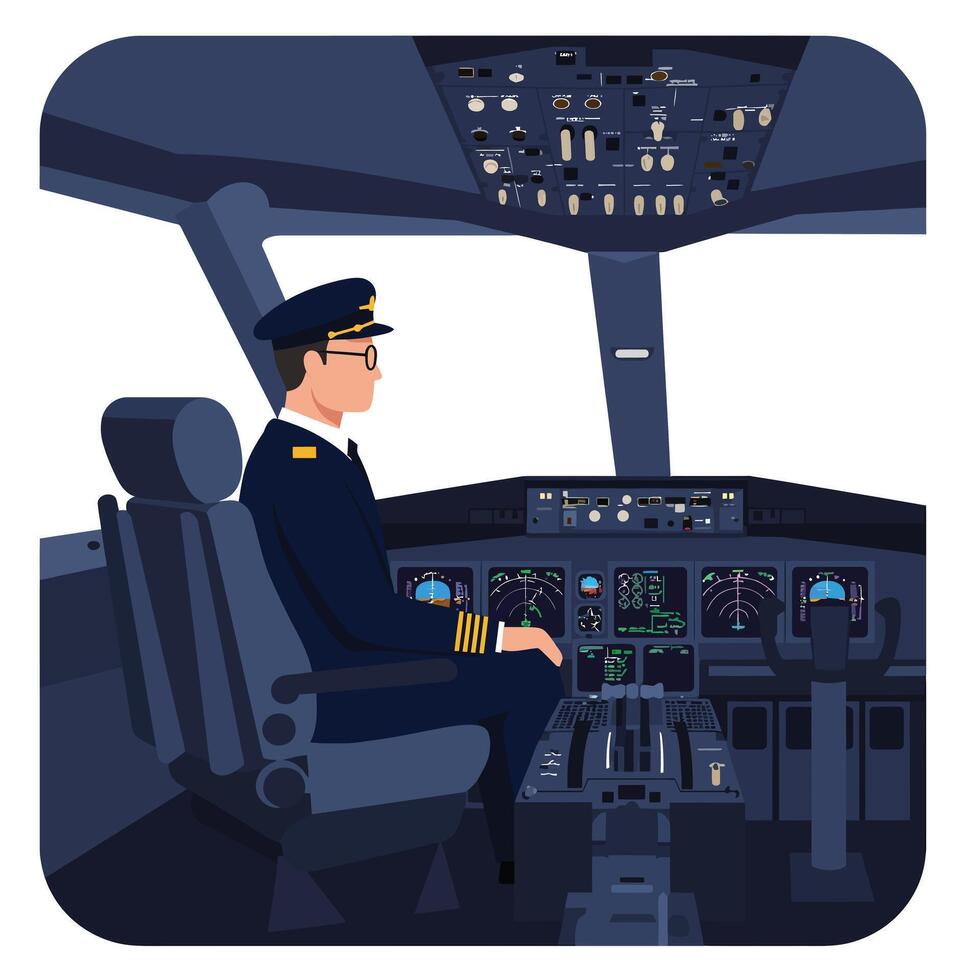 Pilot in cockpit with detailed instruments in flat illustration vector