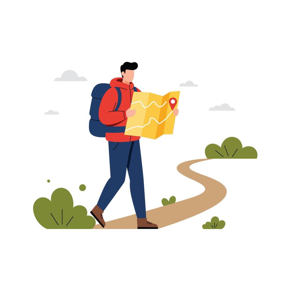 Person exploring nature with a map in hand, minimal illustration vector
