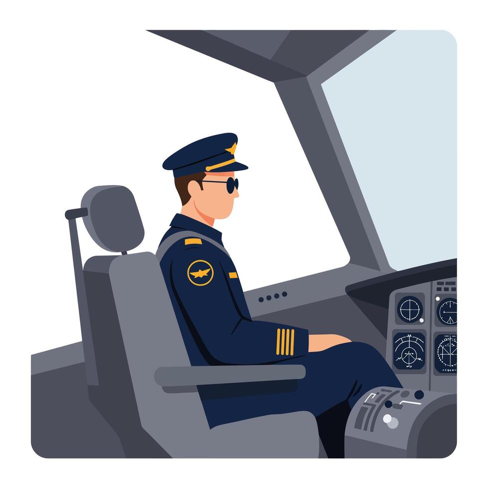 Pilot in cockpit wearing sunglasses detailed illustration vector
