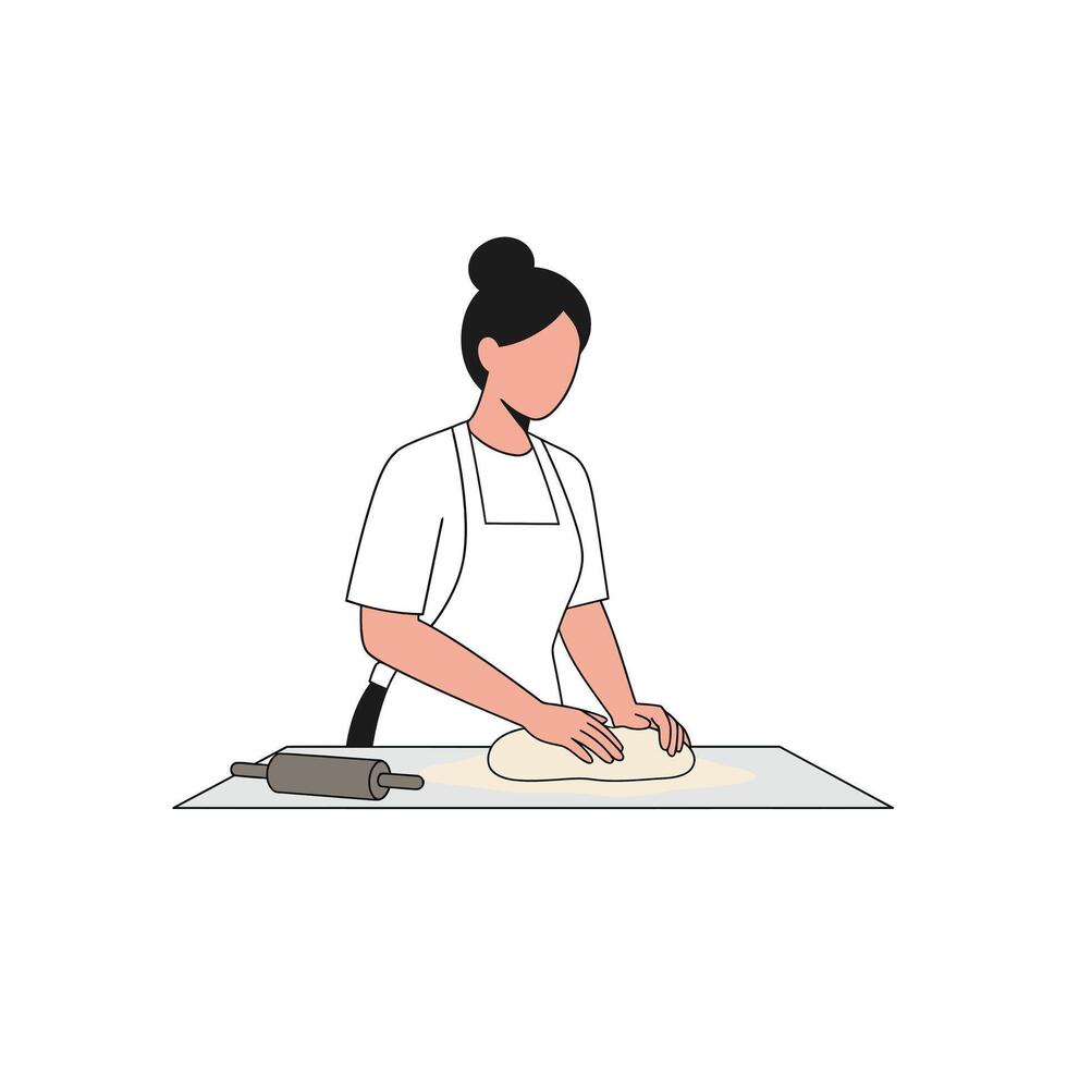Woman in apron preparing dough with rolling pin in flat art vector