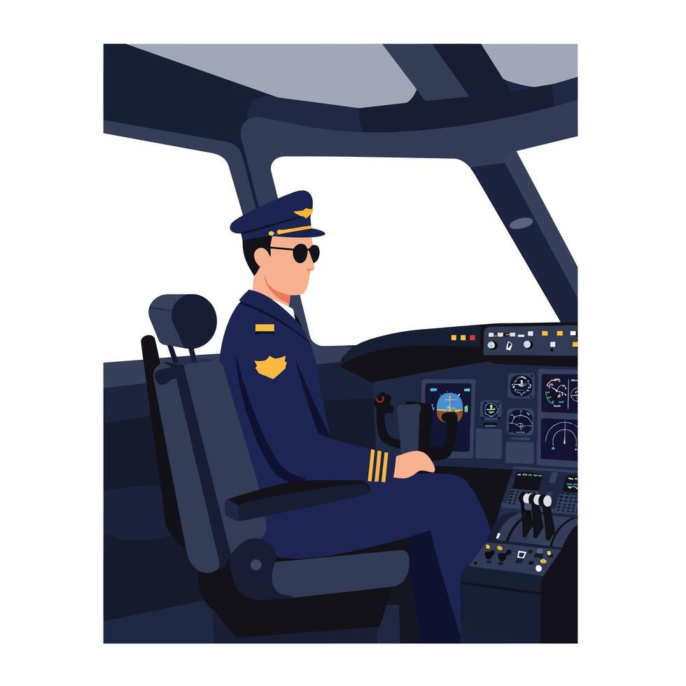 Pilot in cockpit wearing sunglasses detailed illustration showcasing aviation and professionalism vector