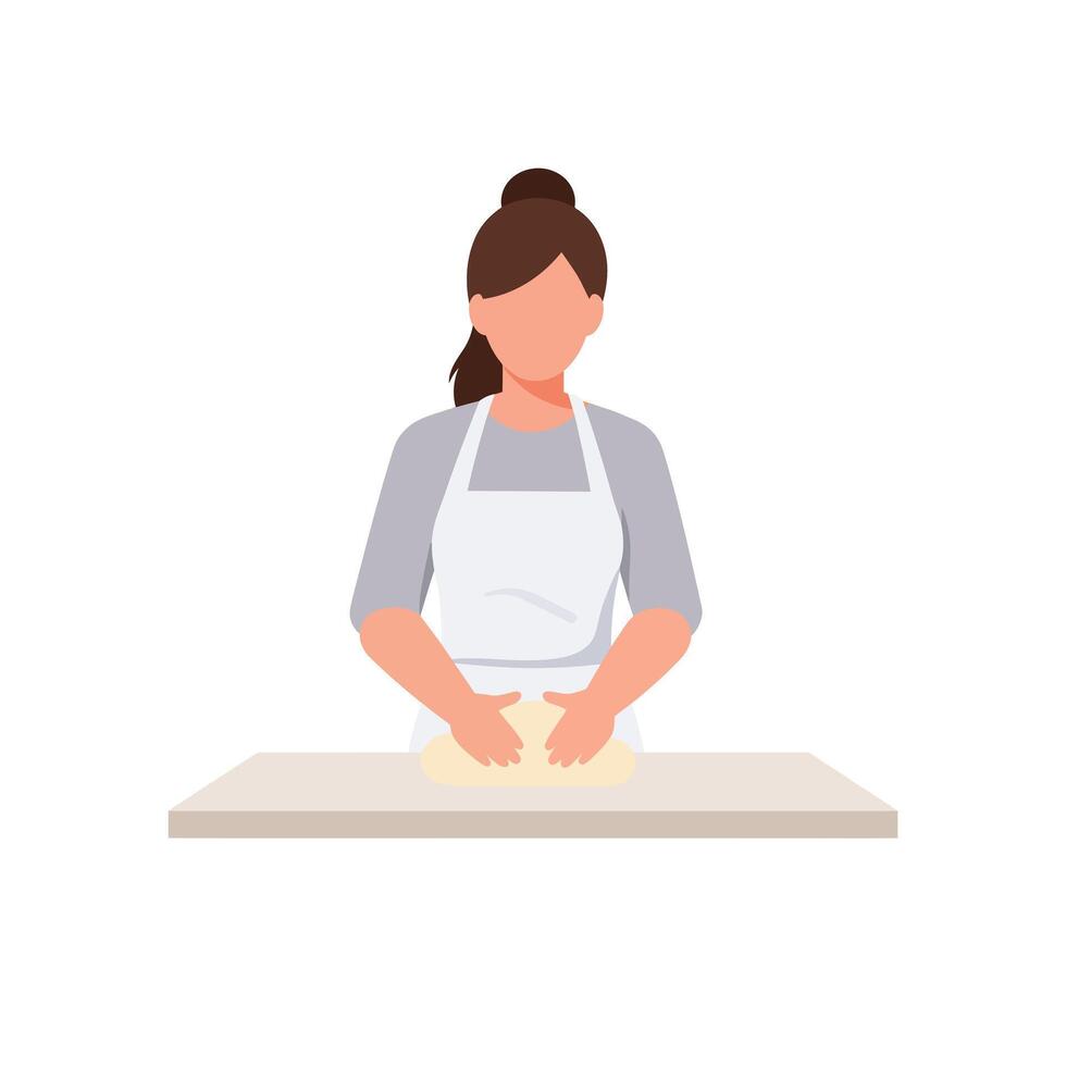 Woman kneading dough on a countertop in a minimal flat illustration vector