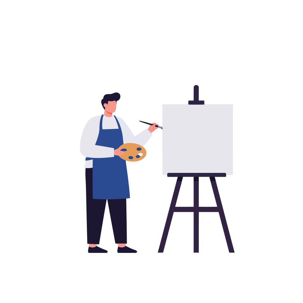 Artist holding palette in front of blank canvas in flat illustration vector