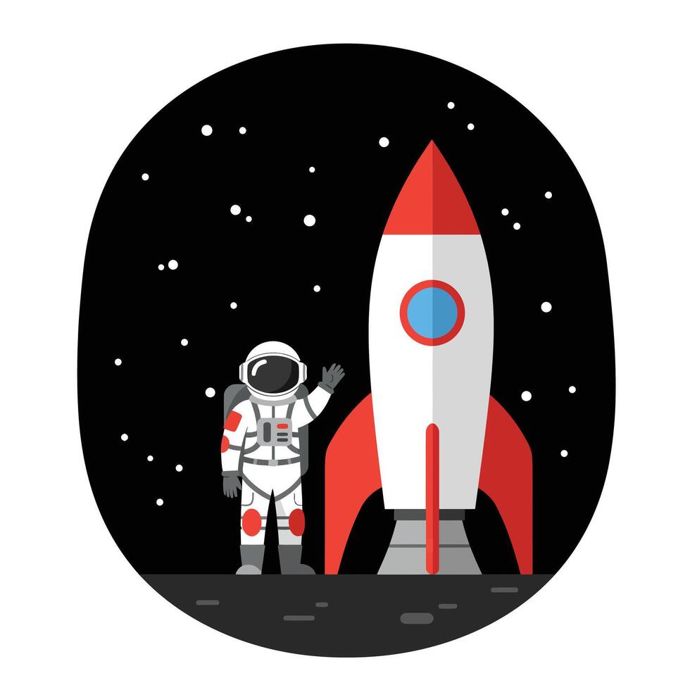 Astronaut waving next to a red and white rocket in flat art vector