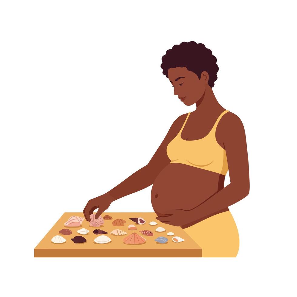Pregnant woman selecting seashells with a peaceful expression in flat art vector