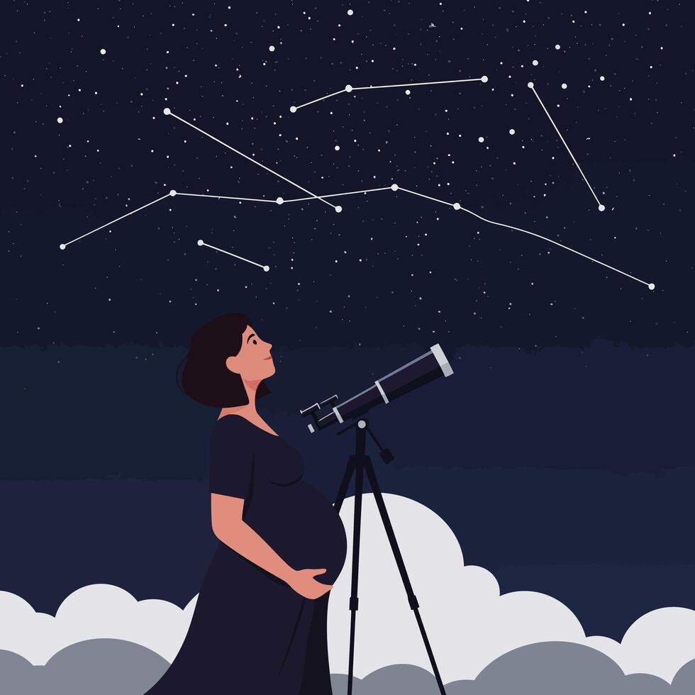 Pregnant woman gazing at stars through telescope in flat illustration vector