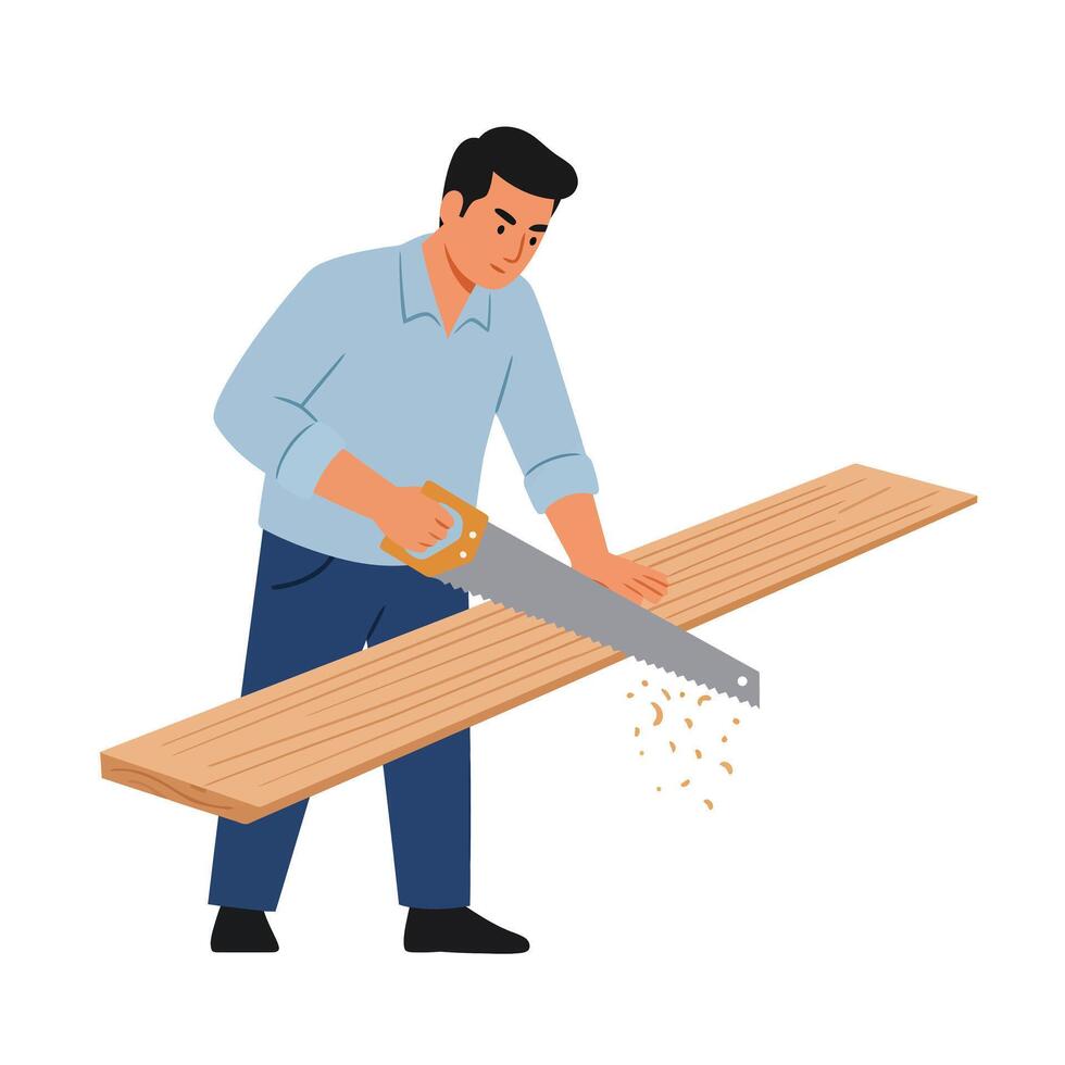 Carpenter using handsaw to cut wood in flat minimalist illustration vector