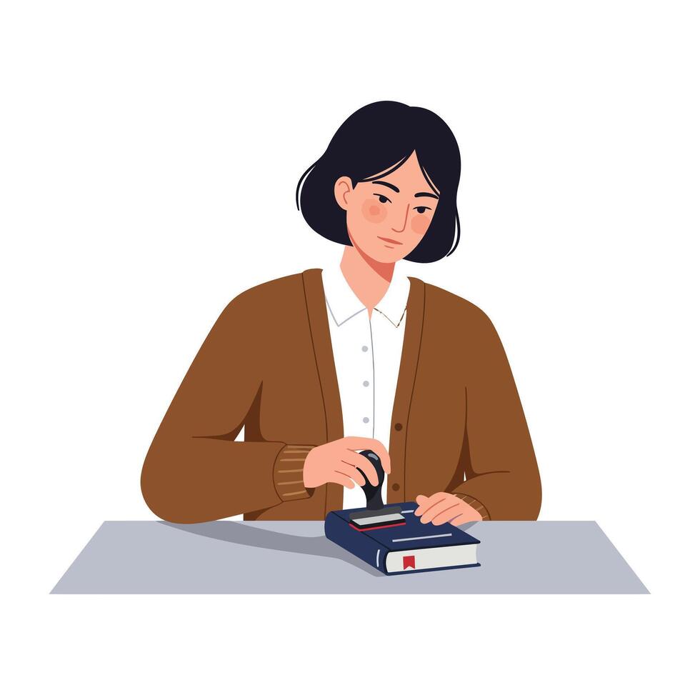 Young woman using a paper stamp in minimal flat illustration vector
