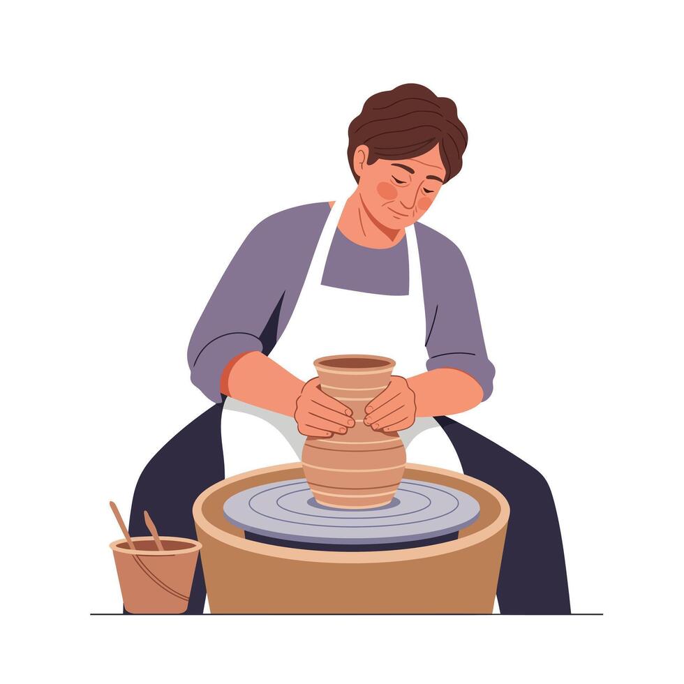 Potter shaping clay on a wheel in flat art style illustration vector