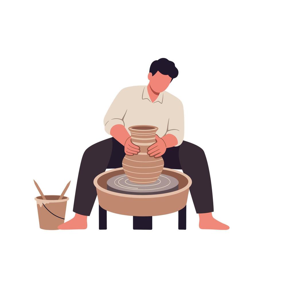 Potter shaping clay on a wheel in minimal flat art vector