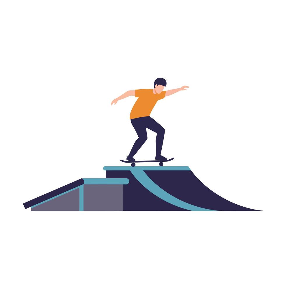 Skateboarder performing tricks on a ramp in flat art style illustration vector
