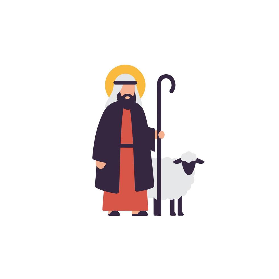 Shepherd guiding sheep in colorful flat art style illustration vector