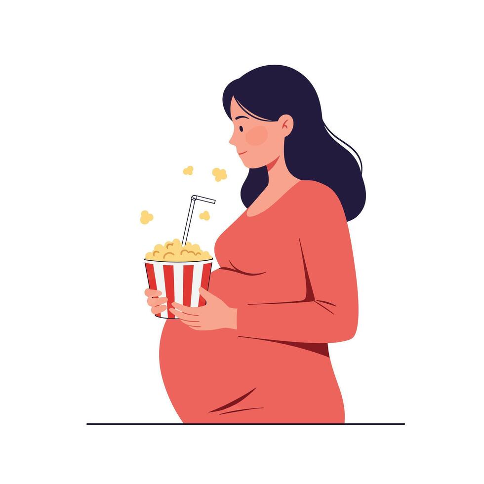 Pregnant woman enjoying popcorn and drink in flat art style vector
