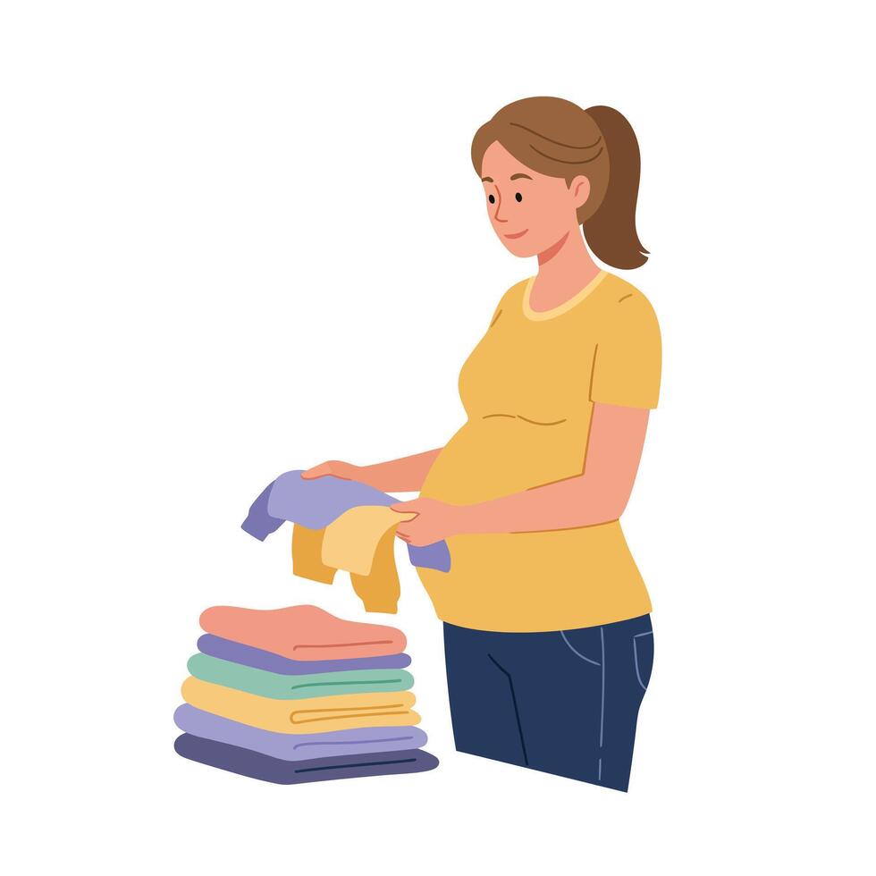 Pregnant woman folding laundry in flat design illustration vector