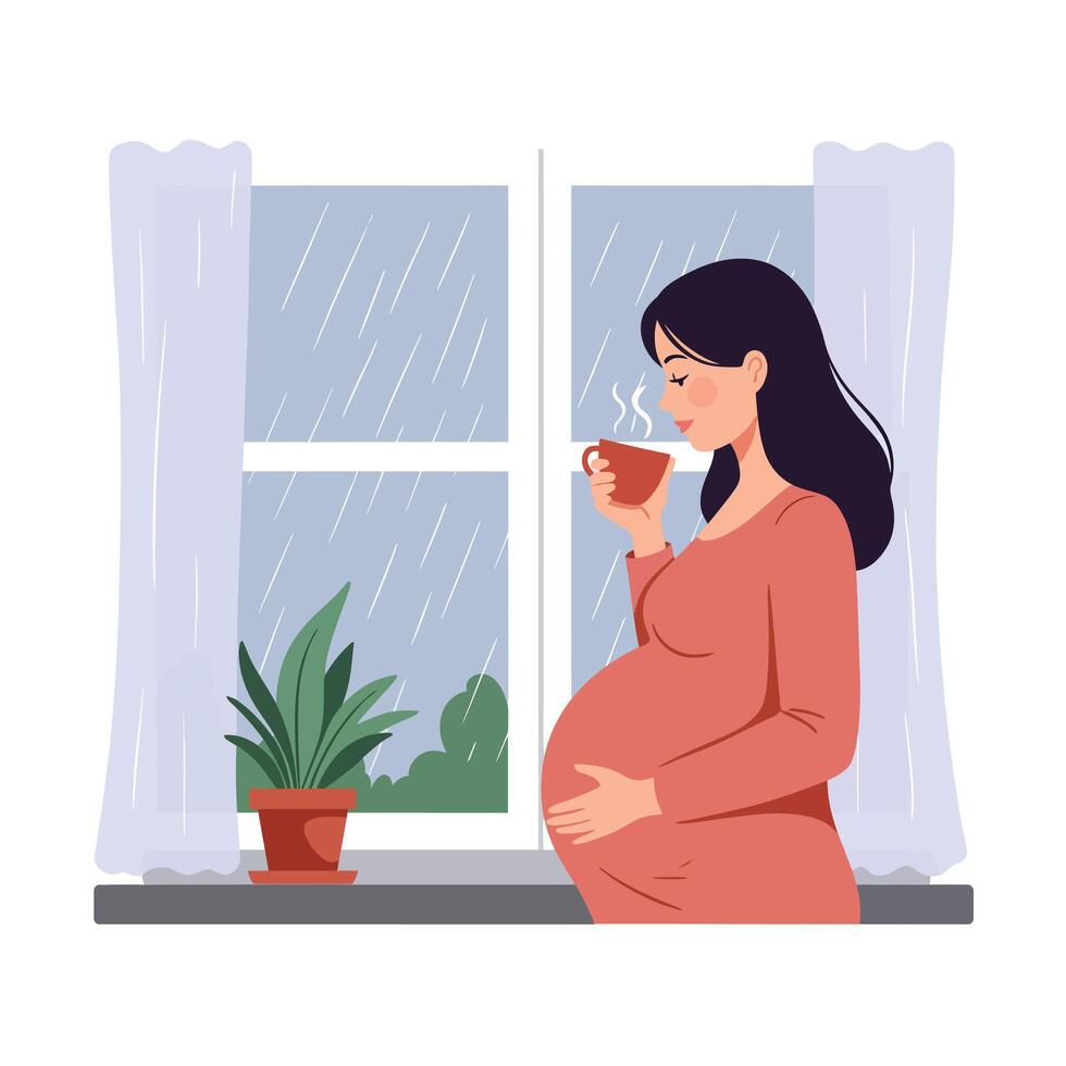 Pregnant woman enjoying a warm drink by the window in flat art dqwdqw vector