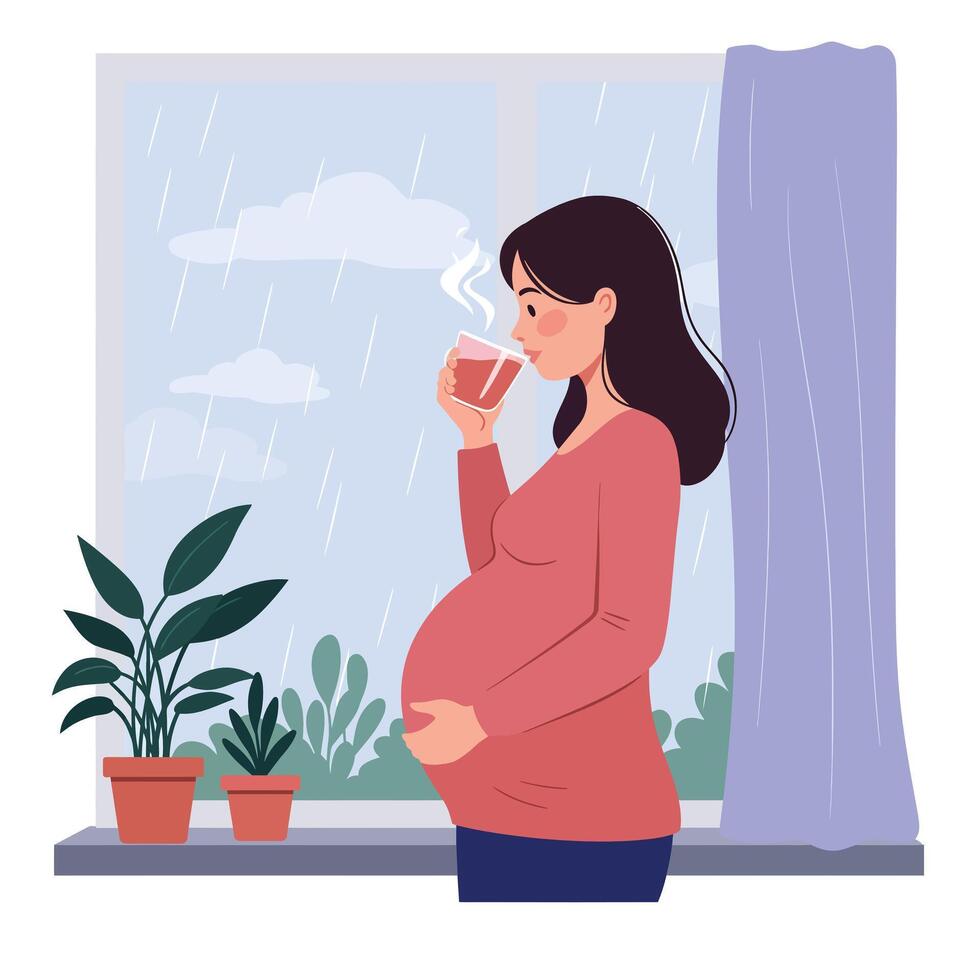 Pregnant woman enjoying a warm drink by the window in flat art dqwsada vector