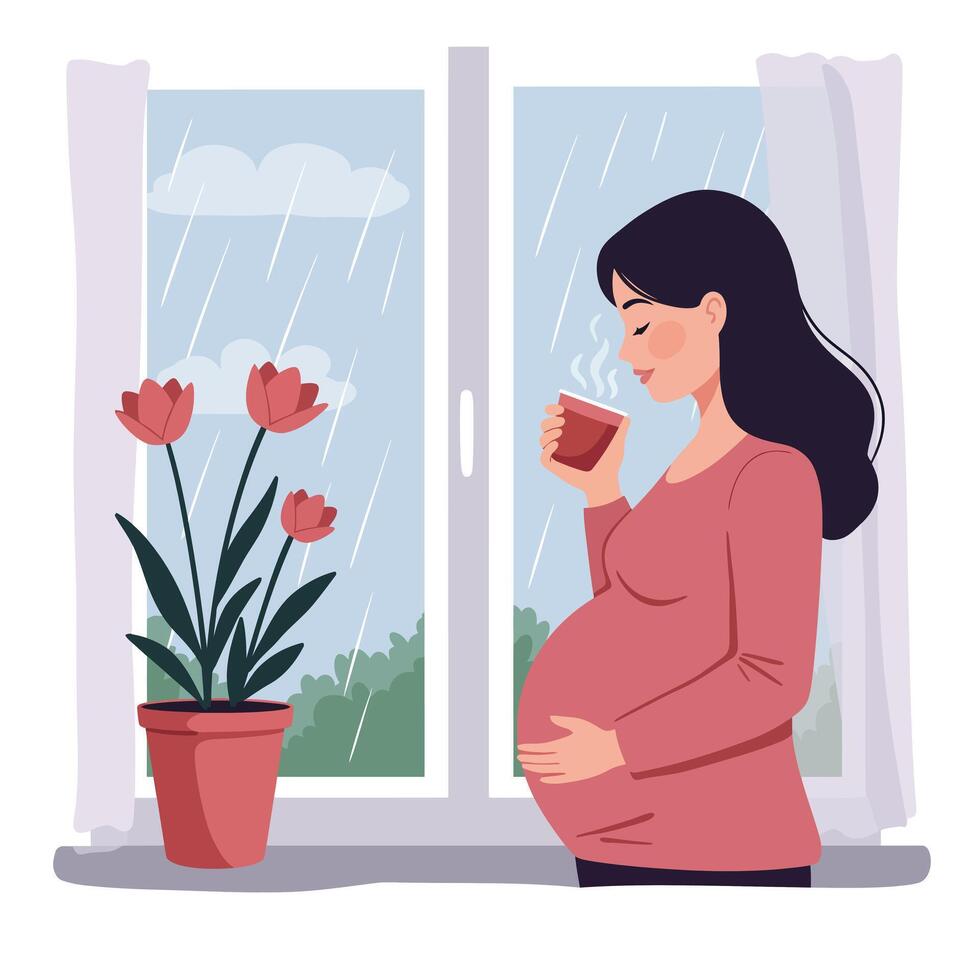 Pregnant woman enjoying tea by the window with flowers in flat illustration vector